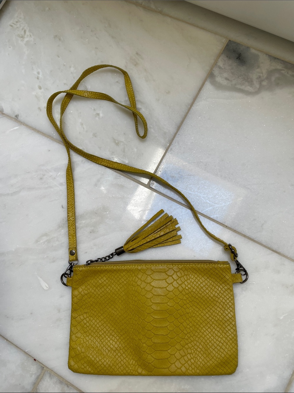 Mustard Yellow Snake-Embossed Crossbody Bag with Tassel